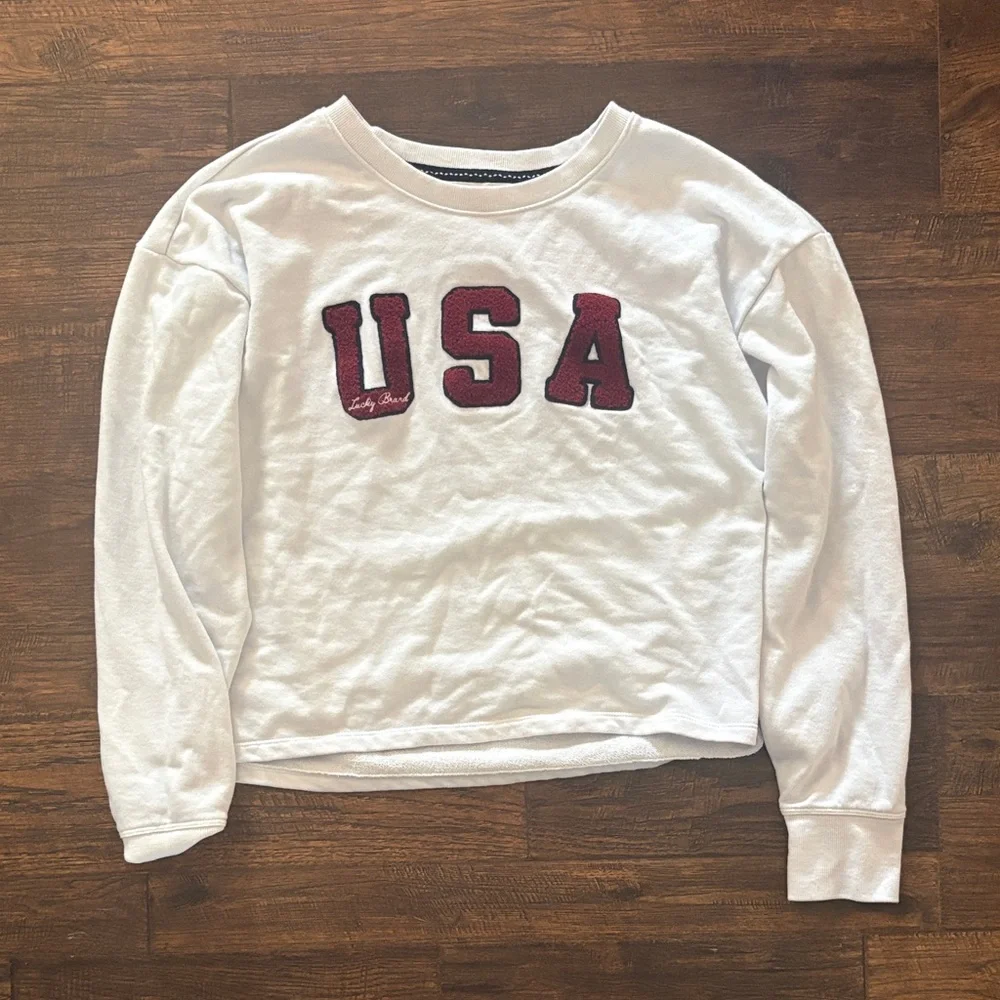 Lucky Brand White Sweater with Red USA Letters - Picture 1 of 2